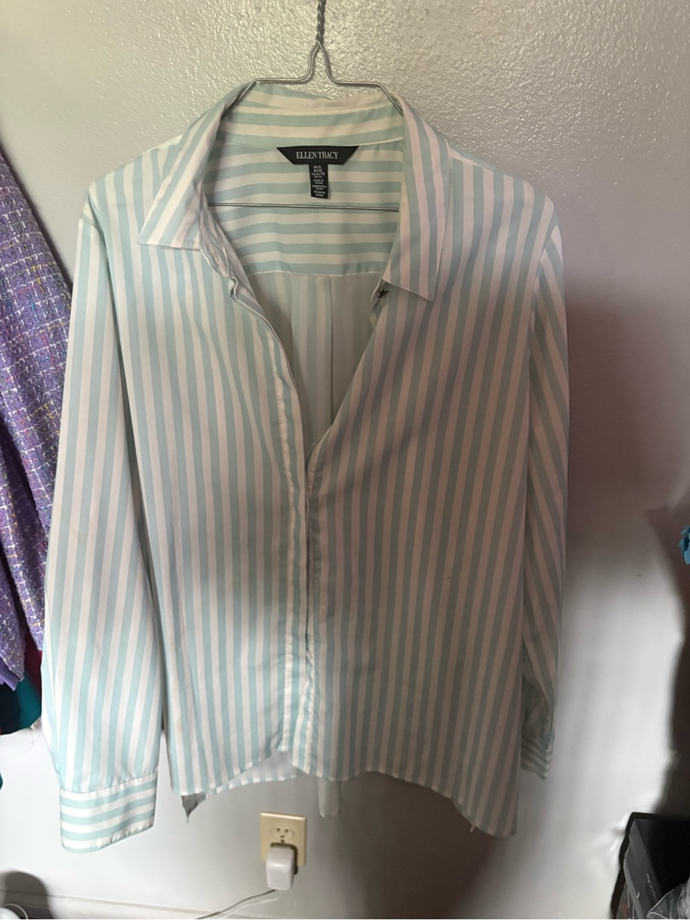 Ellen Tracy Mint and White Vertical Stripe Button-Down